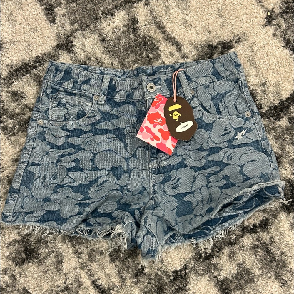 Bape Women's Blue Camo Jean Shorts